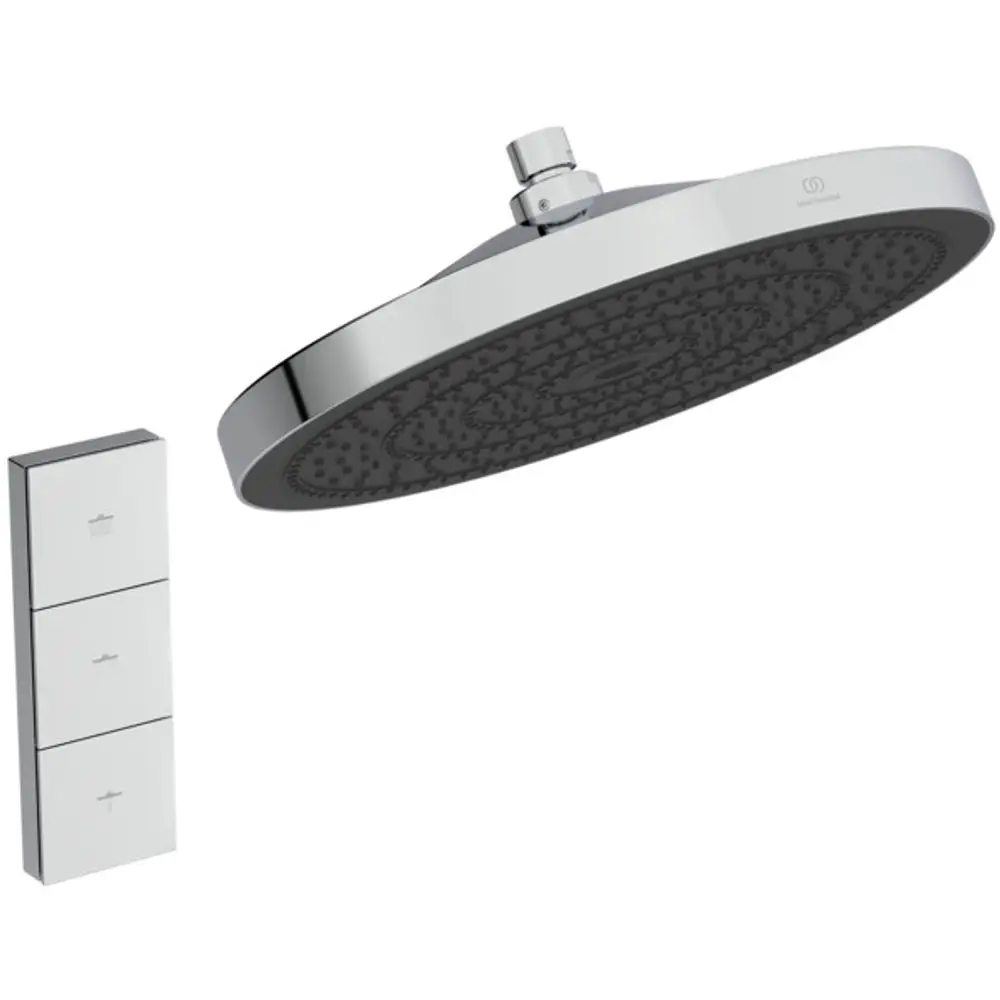 Regenbrause in Chrom-Optik von Ideal Standard, rund mit strukturiertem Brausekopf, begleitet von einem Bedienpaneel mit drei Tasten.